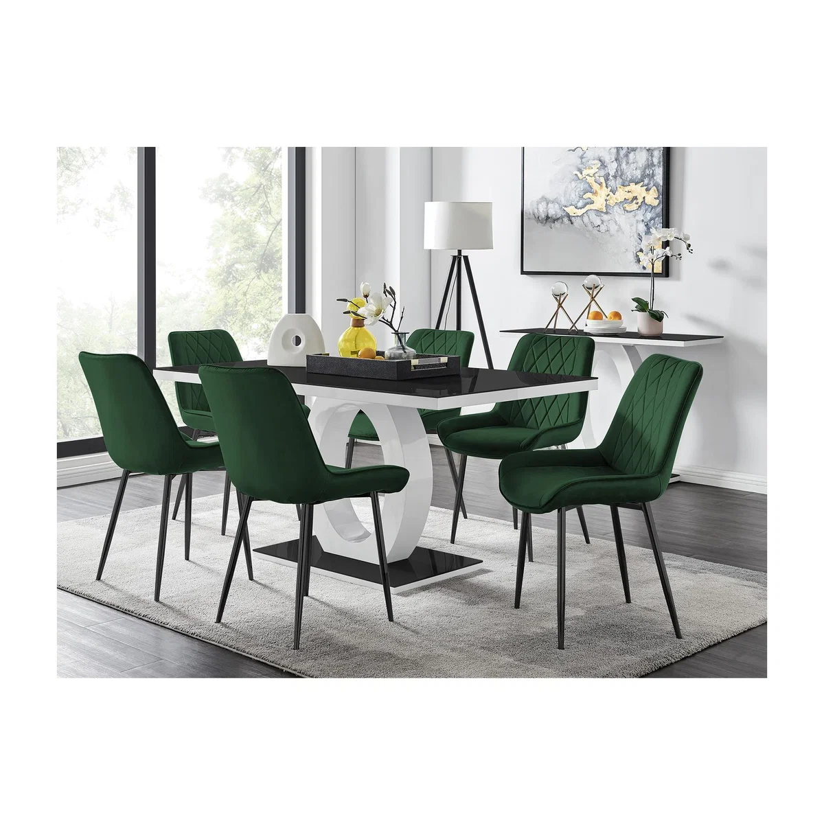 Giovani 6 Black Dining Table 6 Pesaro Black Leg Chairs - Green – image 1