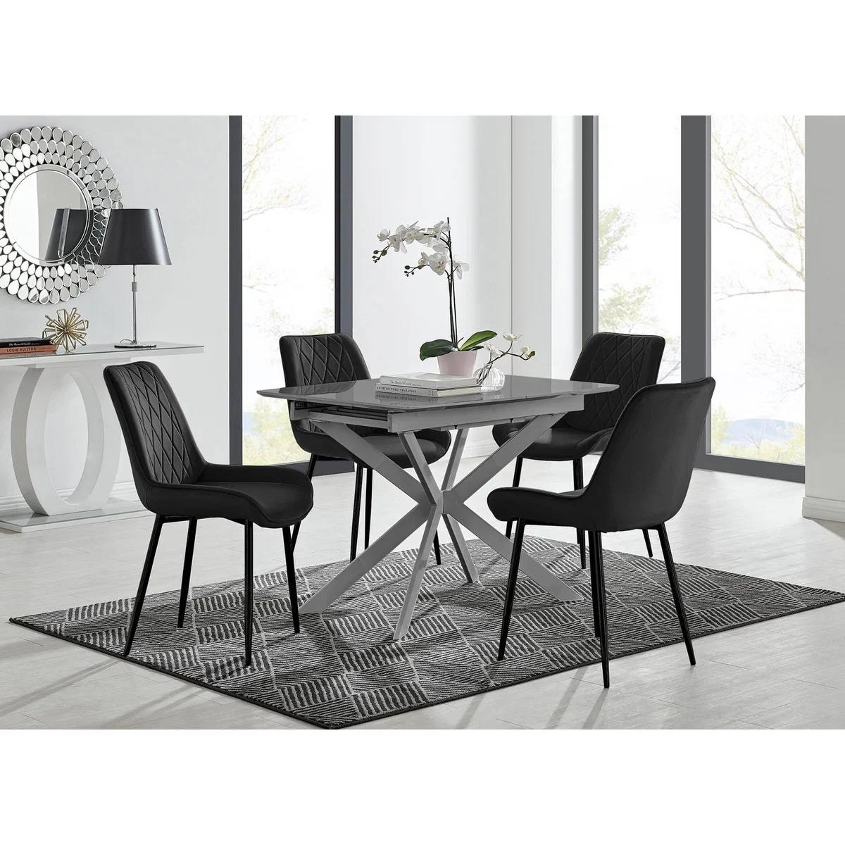 Lira 100cm Grey Metal Extending Dining Table 4 Pesaro Black Leg Chairs - Mustard – image 30