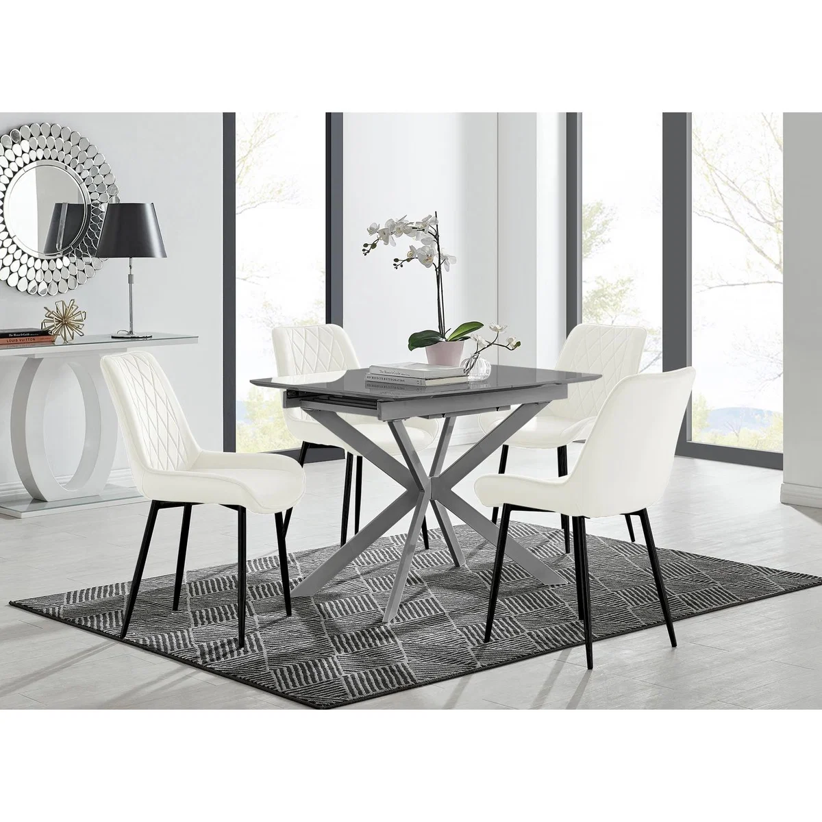 Lira 100cm Grey Metal Extending Dining Table 4 Pesaro Black Leg Chairs - Mustard – image 38