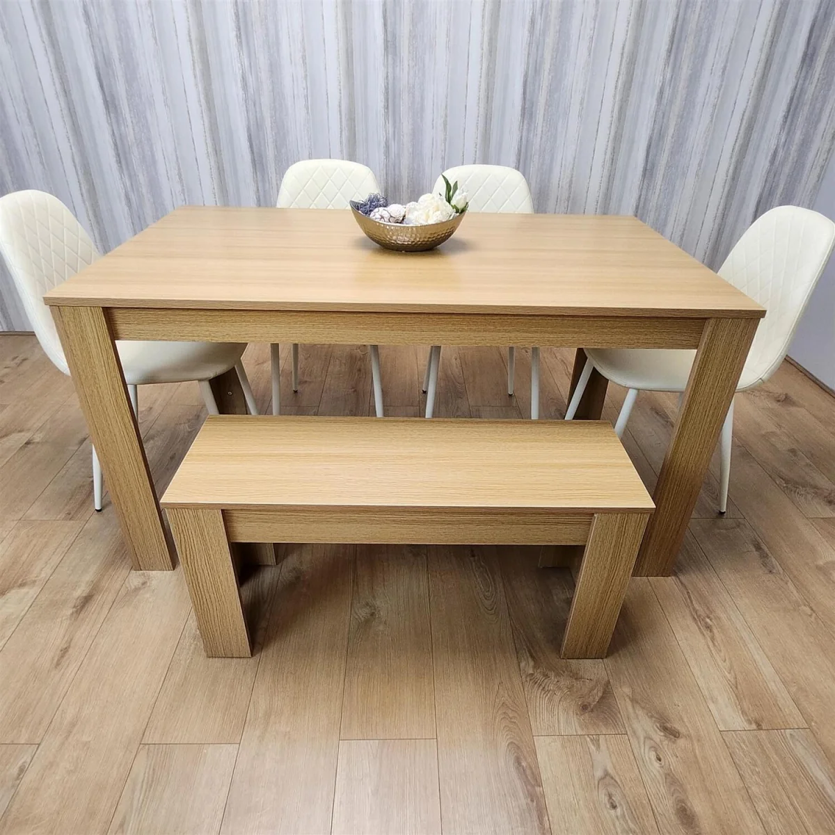 6 Seater Modern Light Wood Dining Table Set with 4 Cream Plastic Chairs and Bench - Brown – image 2