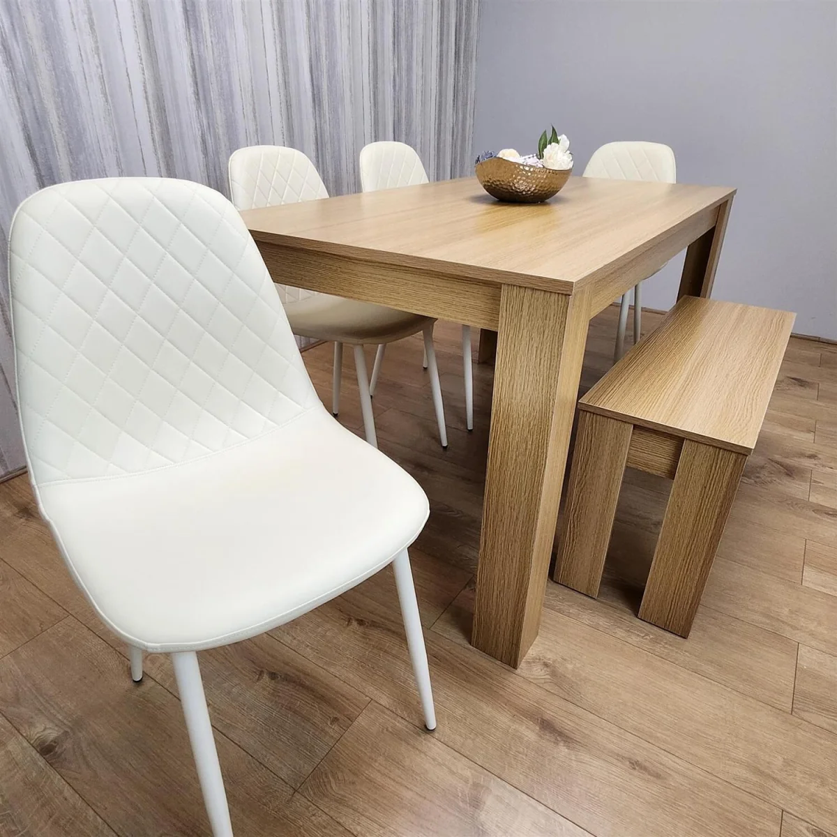 6 Seater Modern Light Wood Dining Table Set with 4 Cream Plastic Chairs and Bench - Brown – image 3