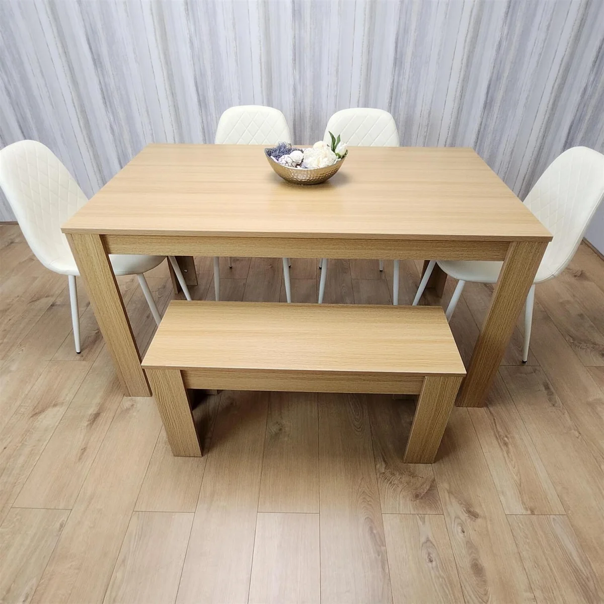 6 Seater Modern Light Wood Dining Table Set with 4 Cream Plastic Chairs and Bench - Brown – image 4