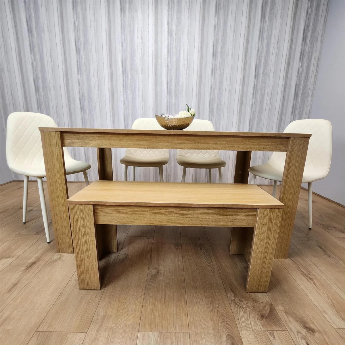 6 Seater Modern Light Wood Dining Table Set with 4 Cream Plastic Chairs and Bench - Brown – image 5