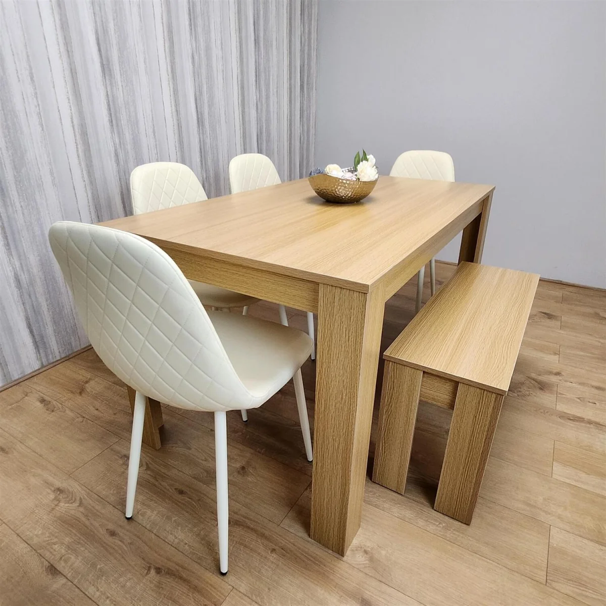 6 Seater Modern Light Wood Dining Table Set with 4 Cream Plastic Chairs and Bench - Brown – image 1