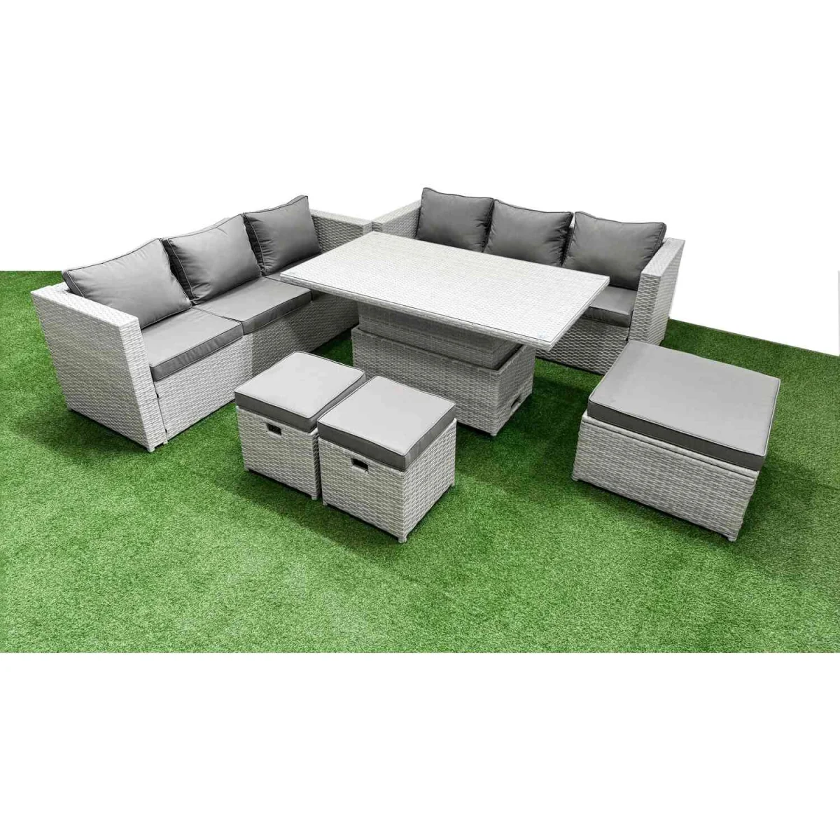 Fimous 6-PC Rising Rattan Dining Set - 3-Seater Sofa, Big and Small Footstools, Light Grey - Light Grey – image 5