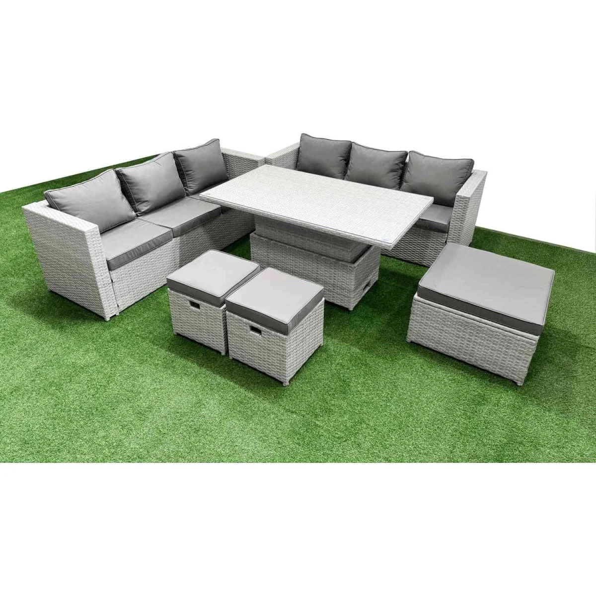 Fimous 6-PC Rising Rattan Dining Set - 3-Seater Sofa, Big and Small Footstools, Light Grey - Light Grey – image 1