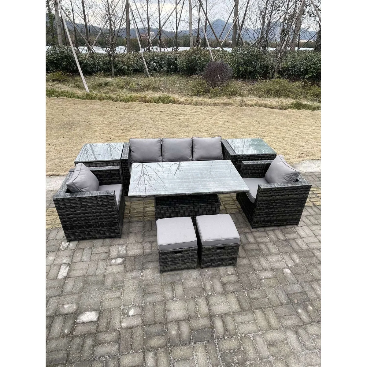 Adjustable Rising Lifting Dining Table Sofa Set Chairs 2 Stools - Dark Grey Mixed – image 2