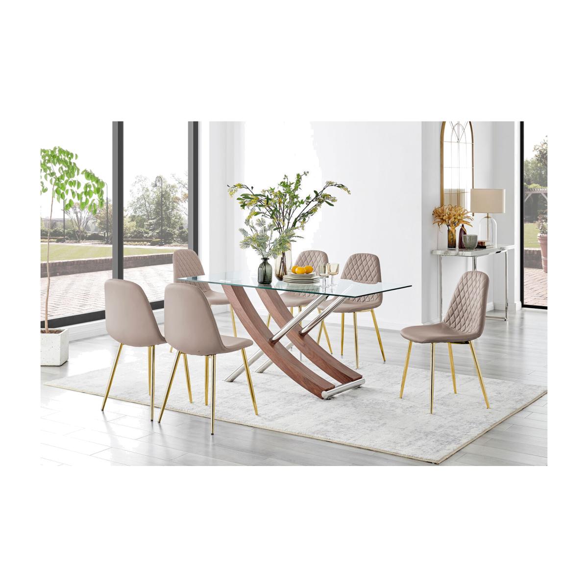 Mayfair Glass and Brown Wood Effect Dining Table and 6 Corona Gold Leg Chairs - Cappuccino