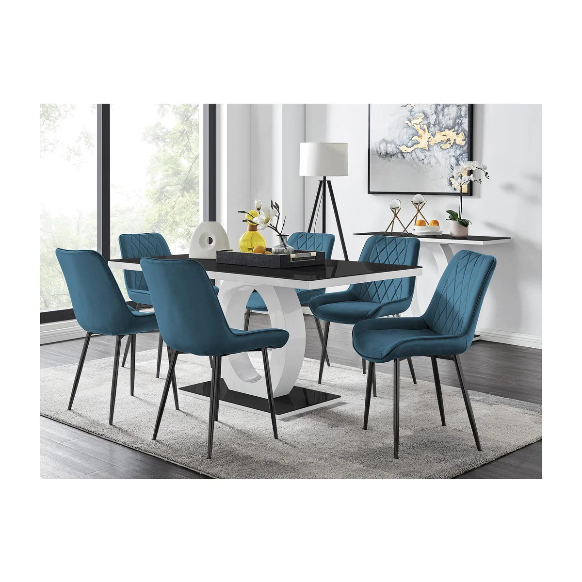 Giovani 6 Black Dining Table 6 Pesaro Black Leg Chairs - Blue – image 1