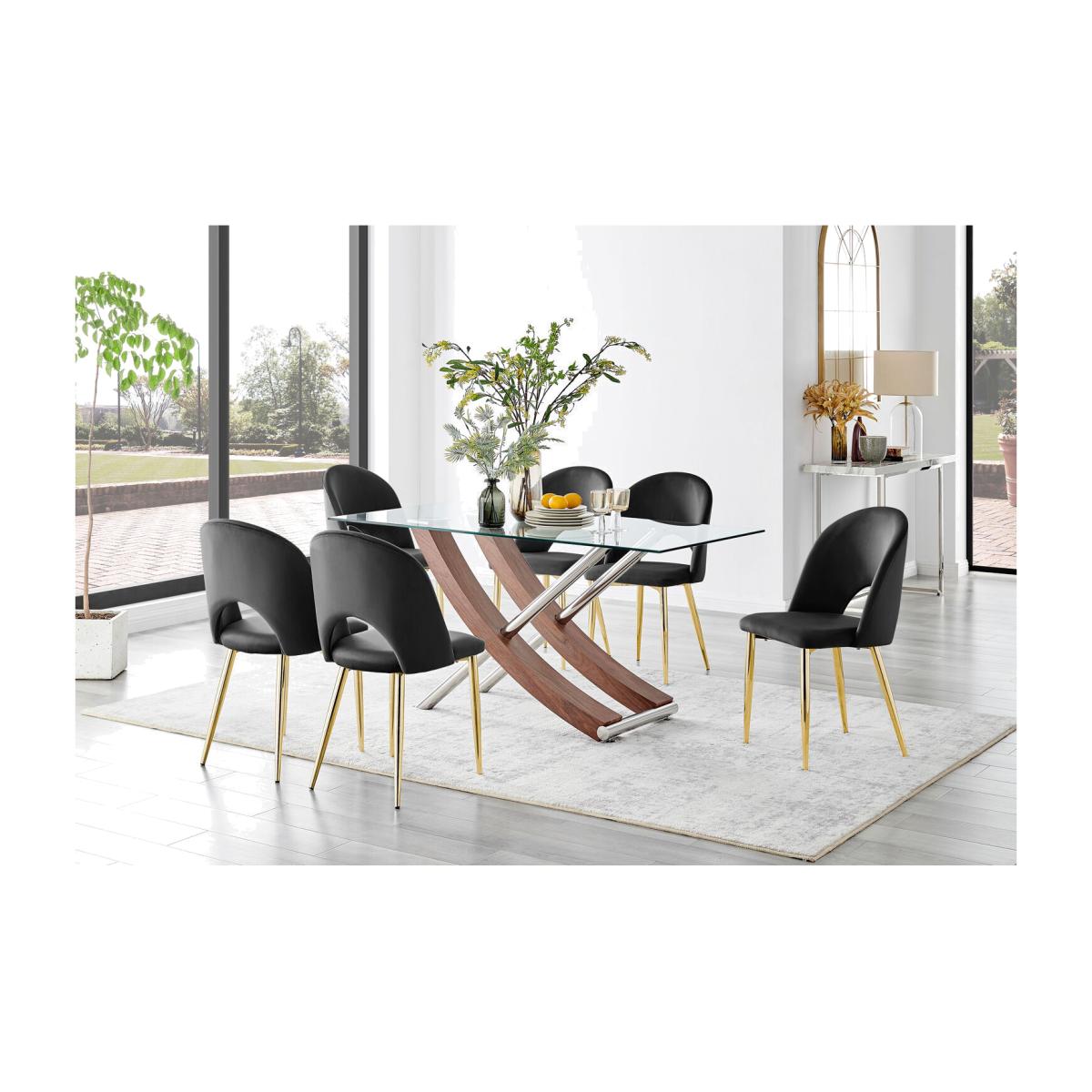 Mayfair Glass and Brown Wood Effect Dining Table and 6 Arlon Gold Leg Chairs - Black