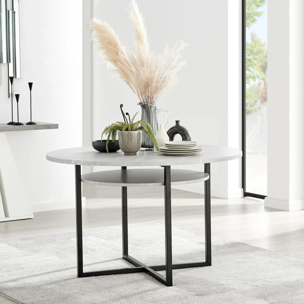 Adley Round Grey Concrete Effect Dining Table 4 Delos Chairs - Dusty Pink – image 3