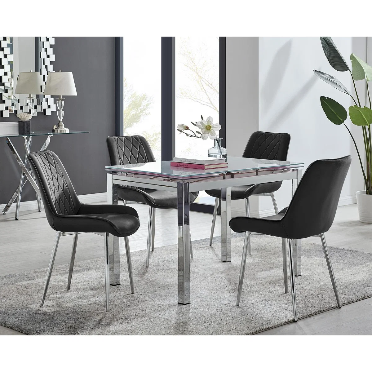 Enna White Glass Extending Dining Table With Four Pesaro Silver Leg Chairs - Navy – image 12