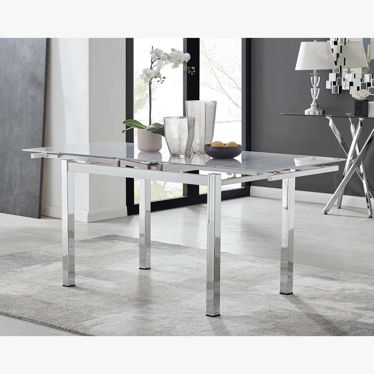 Enna White Glass Extending Dining Table With Four Pesaro Silver Leg Chairs - Navy – image 1
