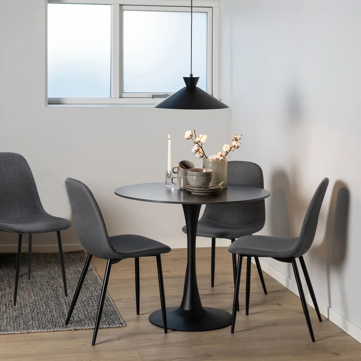 Malta Ceramic Round Dining Table in Black 90cm includes 4 Celia Dining Chairs in Light Grey - Black & Light Grey – image 1