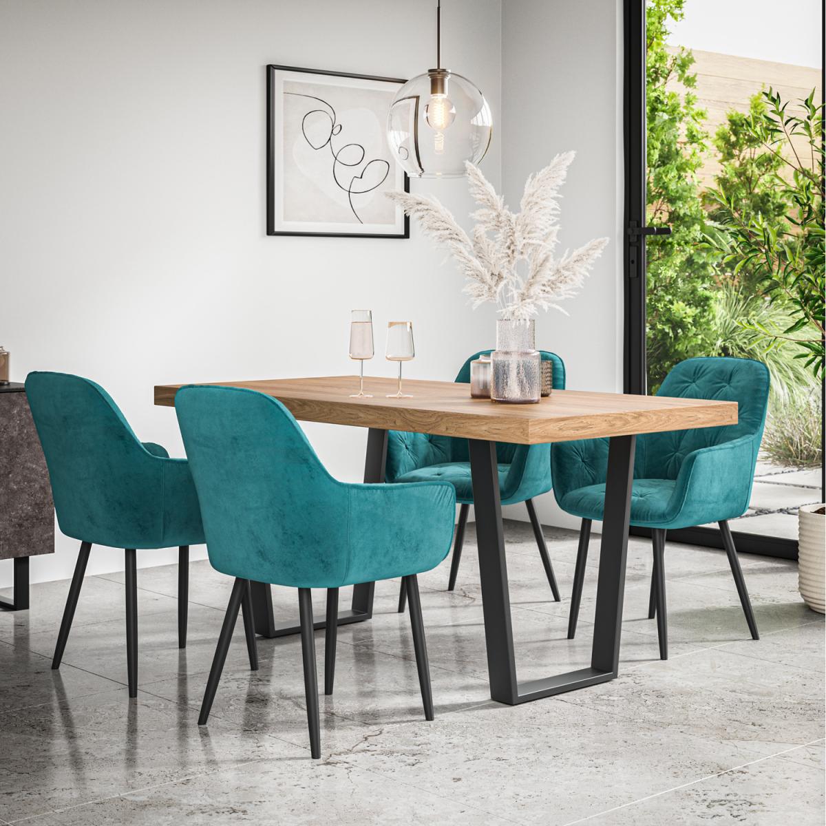 Aria Dining Table And Chairs - Oak Effect Table w 4-6 Anika Velvet Chair - Blue / 4