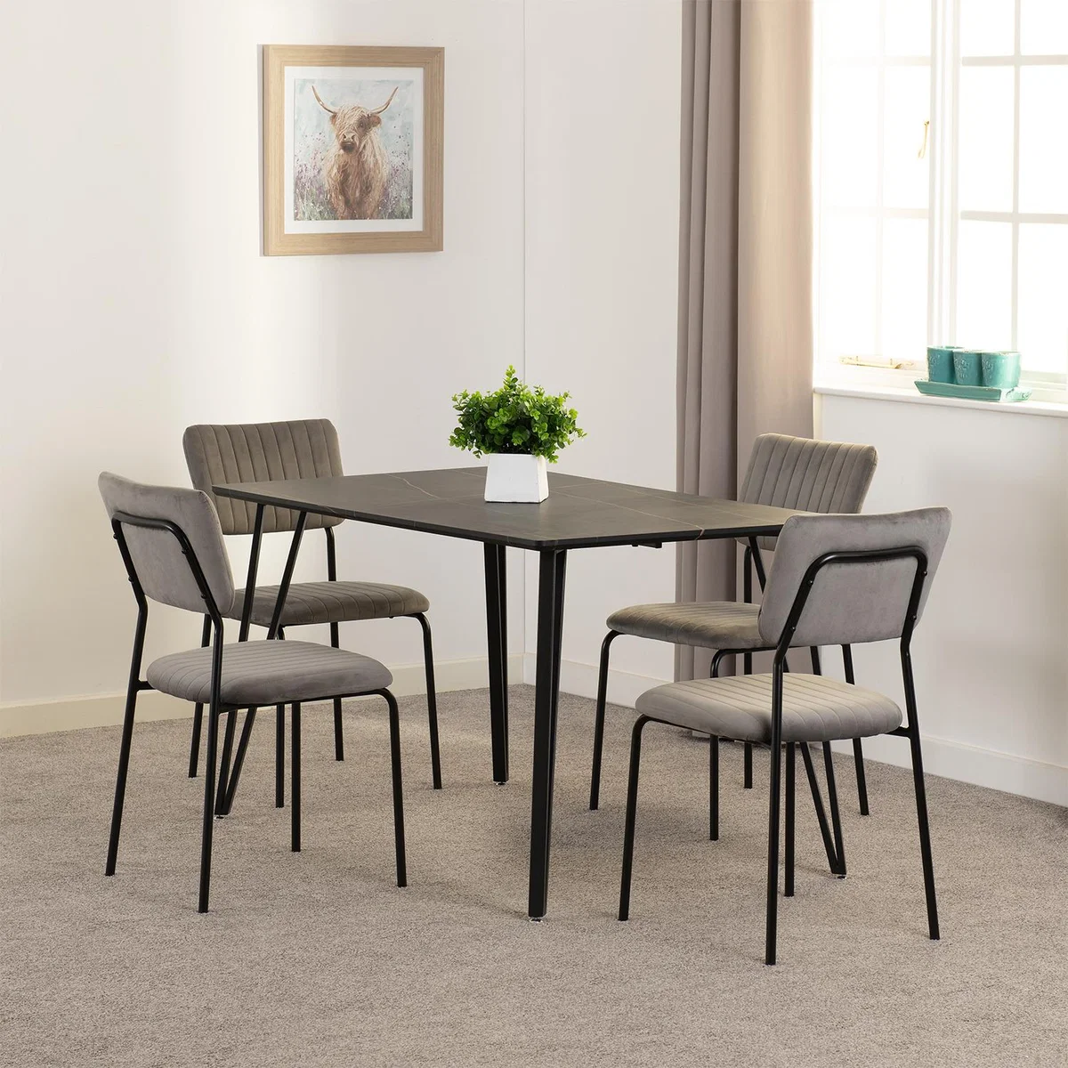 Marlow and Sheldon Dining Set - Black Marble Effect - Black Marble Effect - Grey Velvet