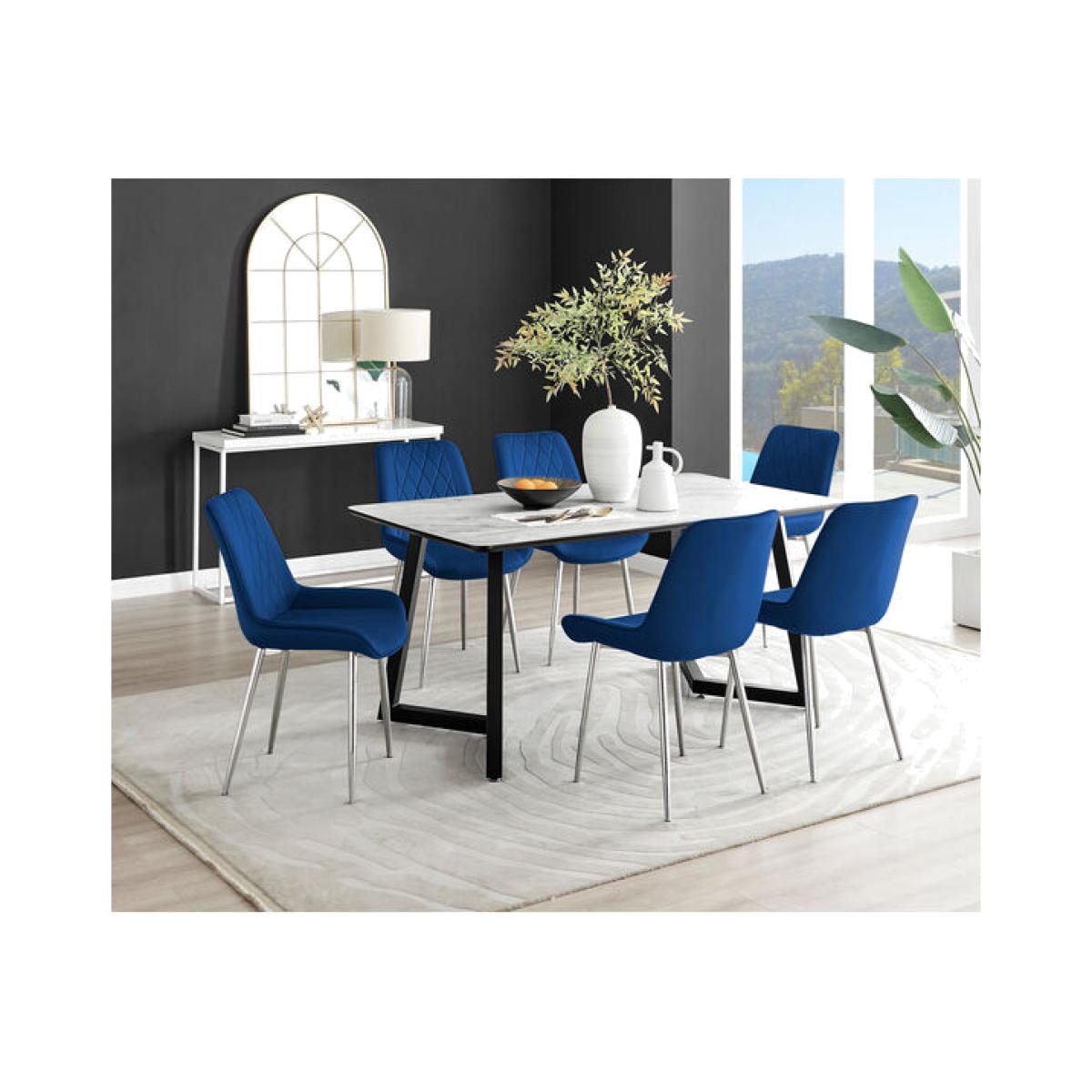 Carson White Marble Effect Dining Table and 6 Pesaro Silver Chairs - Navy – image 1