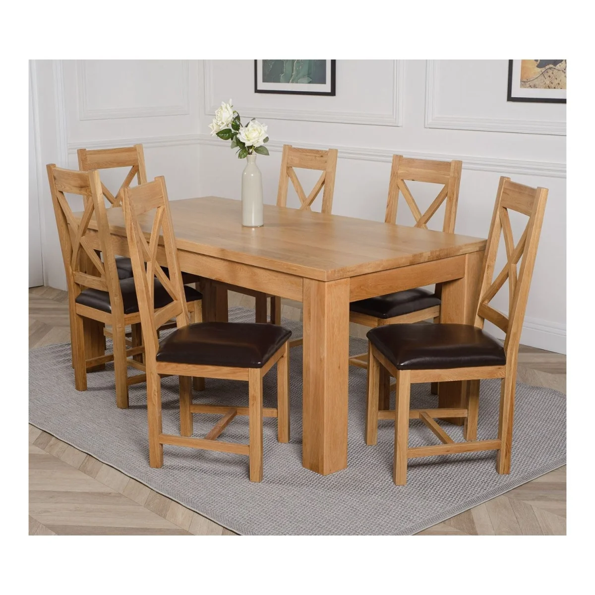 Dakot 182 x 92cm Oak Dining Table and 6 Berkeley Brown Leather Chairs - Brown – image 14