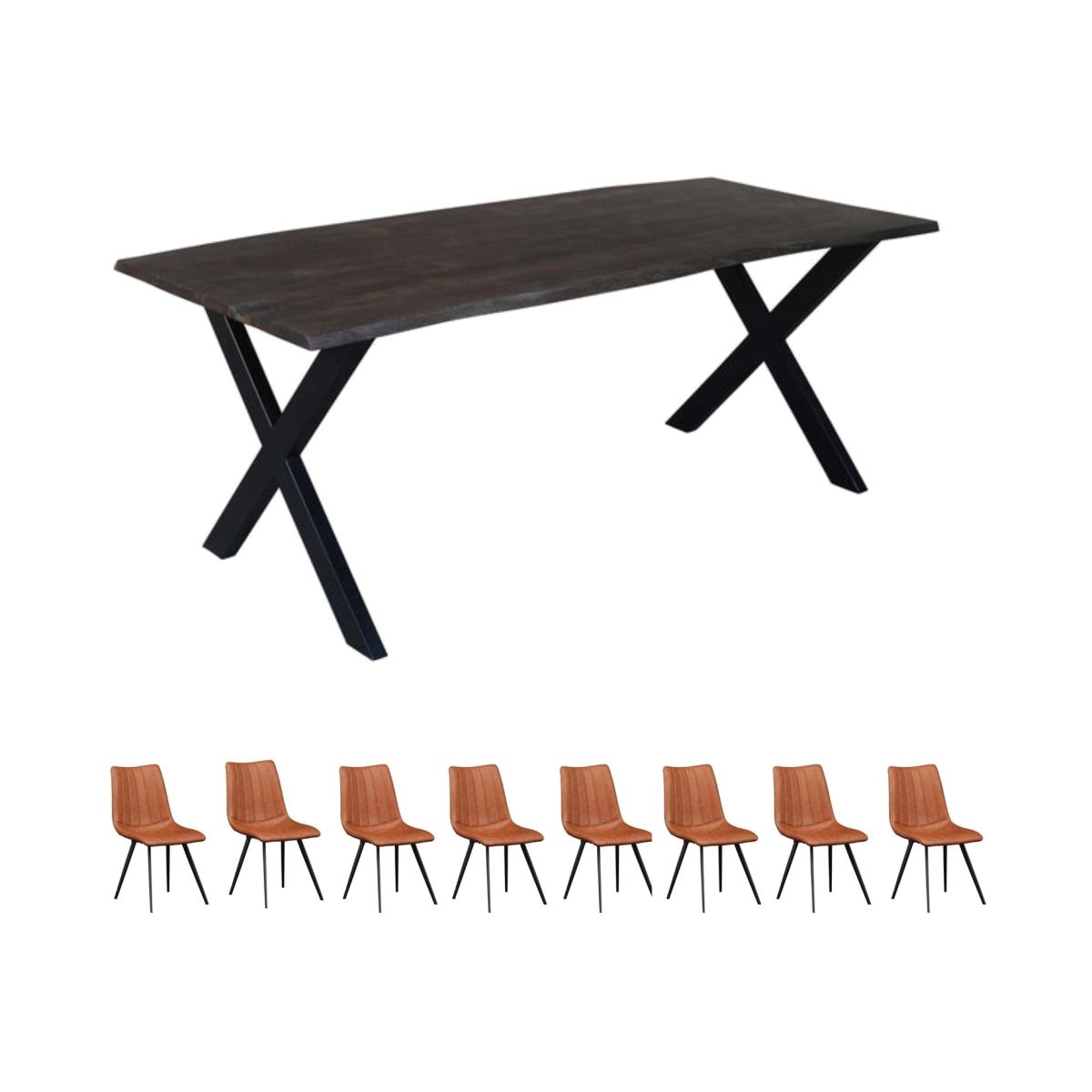 Live Edge Acacia Wood And Metal Large Dining Table Set Grey With 8 Chairs - Light Wood