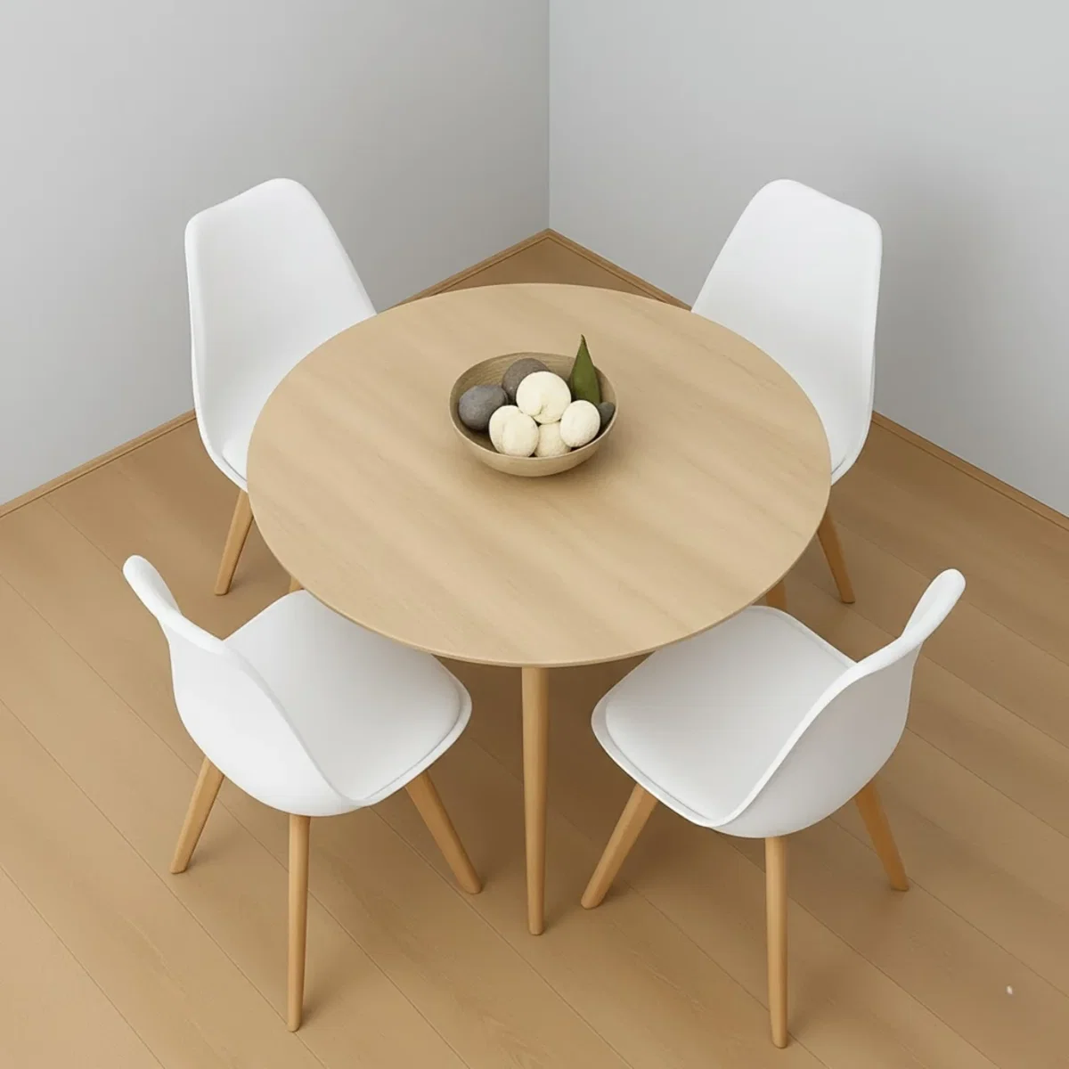 Modern Round Dining Table Set With 4 White Plastic Chairs Dining Room Furniture - Brown