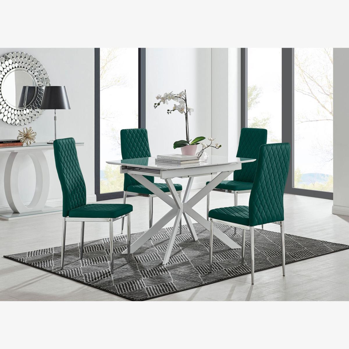 LIRA 100 Extending Dining Table and 4 Velvet Milan Chairs - Green