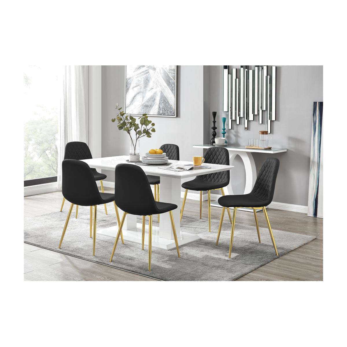 Imperia White High Gloss Dining Table and 6 Corona Gold Leg Chairs Set - Black – image 1