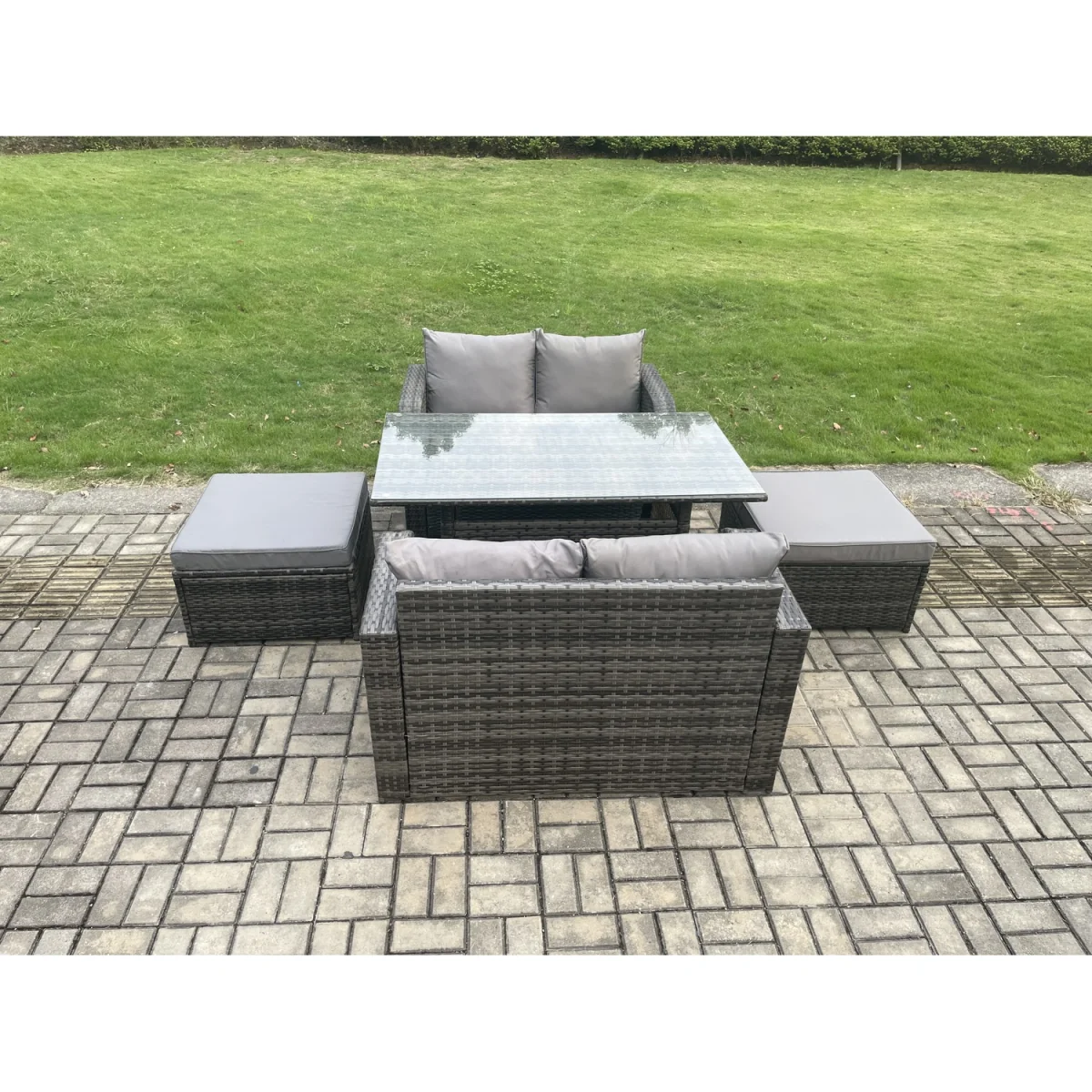 Fimous Rattan Loveseat Dining Set with 2 Footstools - Dark Grey – image 3