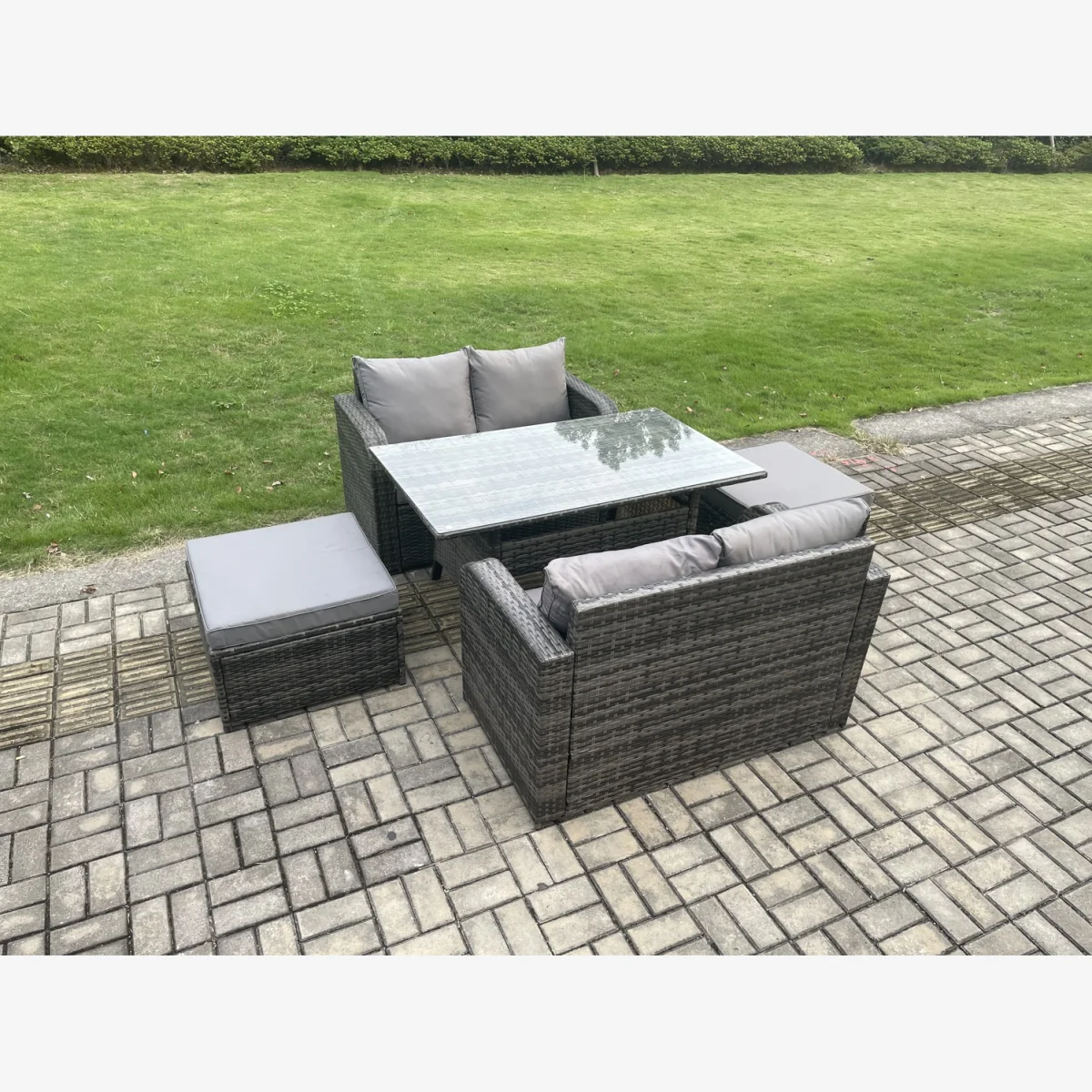 Fimous Rattan Loveseat Dining Set with 2 Footstools - Dark Grey – image 1