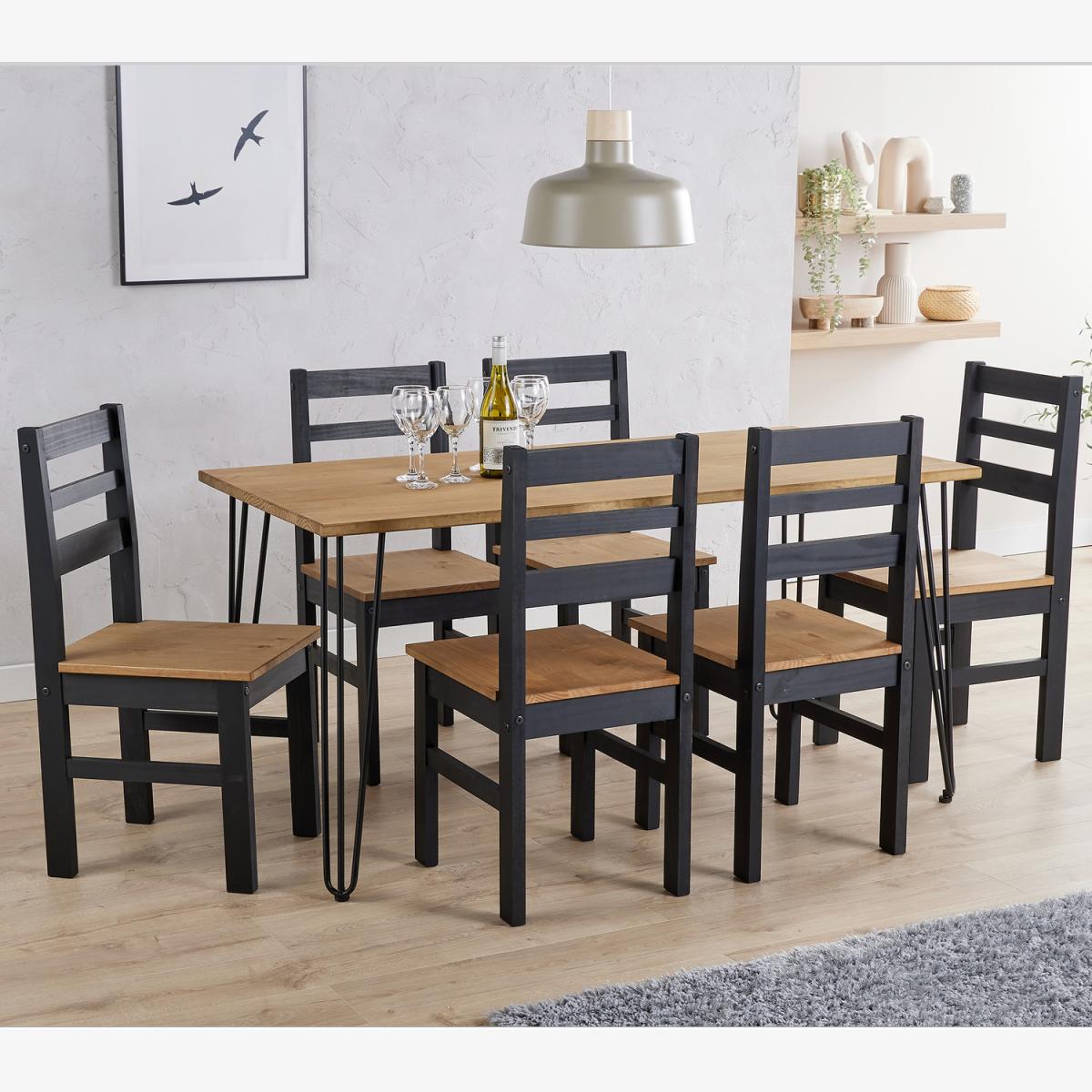 Augusta large dining table with 6 linea chairs set - Antique waxed pine