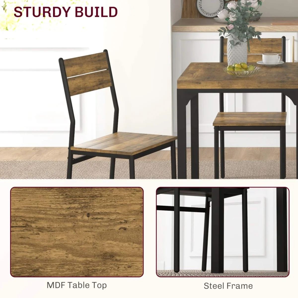 Lulila Rustic Brown 3-Piece Minimal Dining Table and Chair Set – image 7