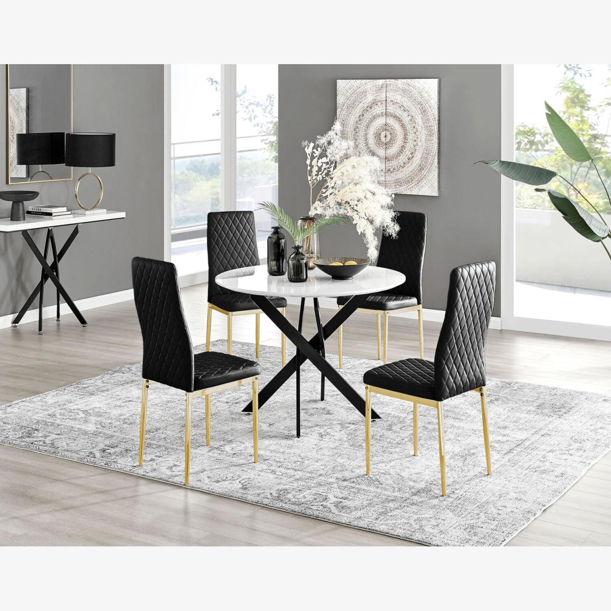 Novara White Gloss Black Leg Round Dining Table 4 Milan Gold Leg Chairs - Black