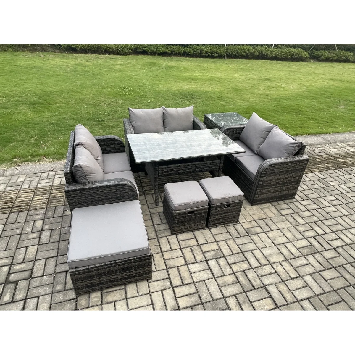 Fimous 9-Seater Rattan Dining Set with Love Sofa, Side Table & Stools - Dark Grey – image 3