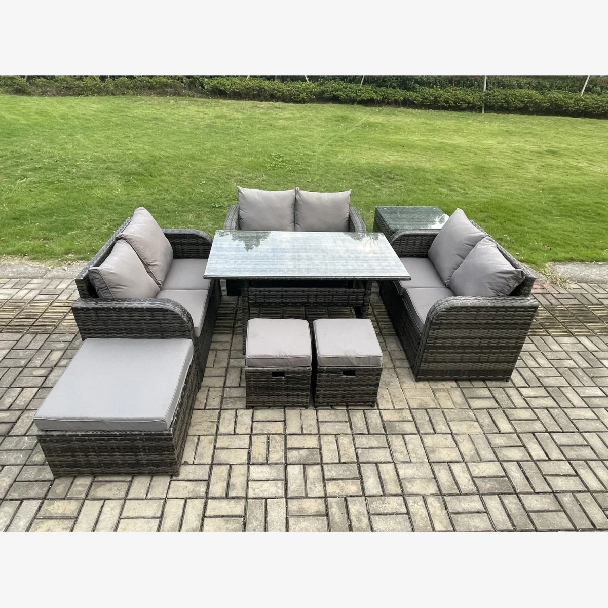 Fimous 9-Seater Rattan Dining Set with Love Sofa, Side Table & Stools - Dark Grey – image 1
