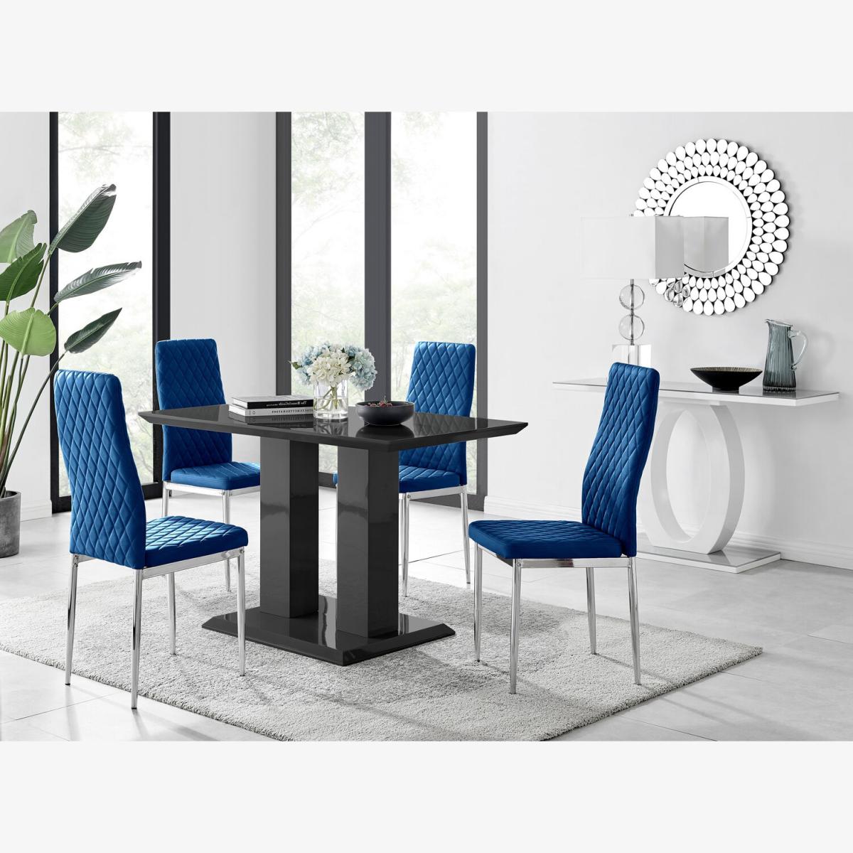Imperia 4 Black Dining Table and 4 Velvet Milan Chairs - Navy