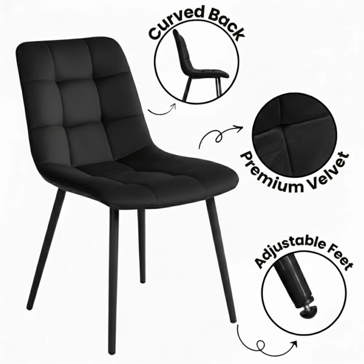 Modern Round Glass Dining Table with 4 black velvet tufted Chairs - Neutral – image 3
