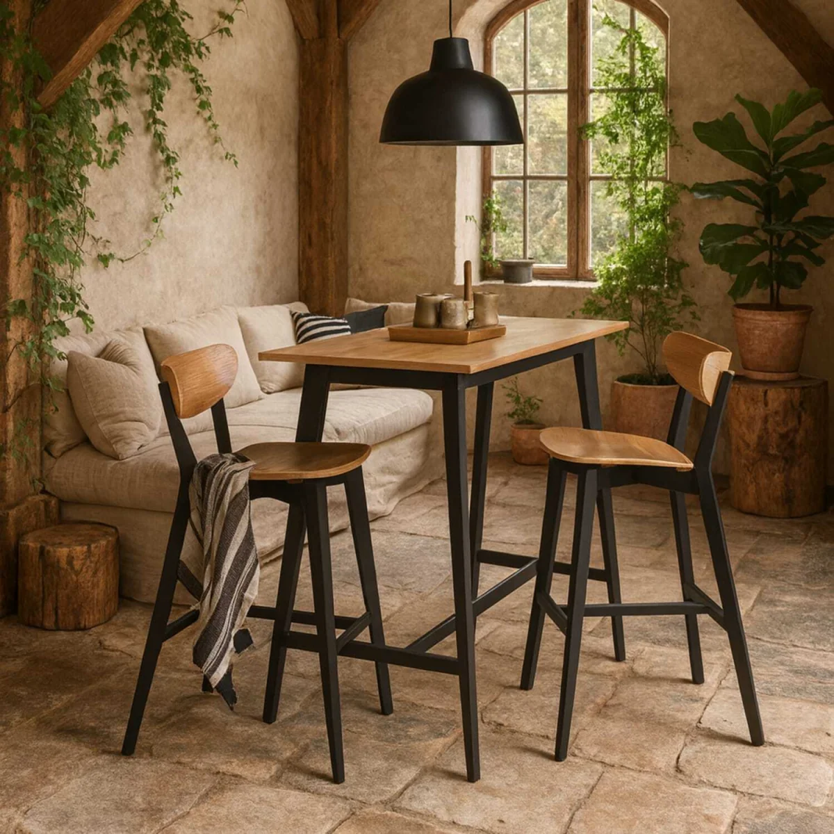 Krakow Bar Dining Set Effect Table with 2 Stools - Black – image 1