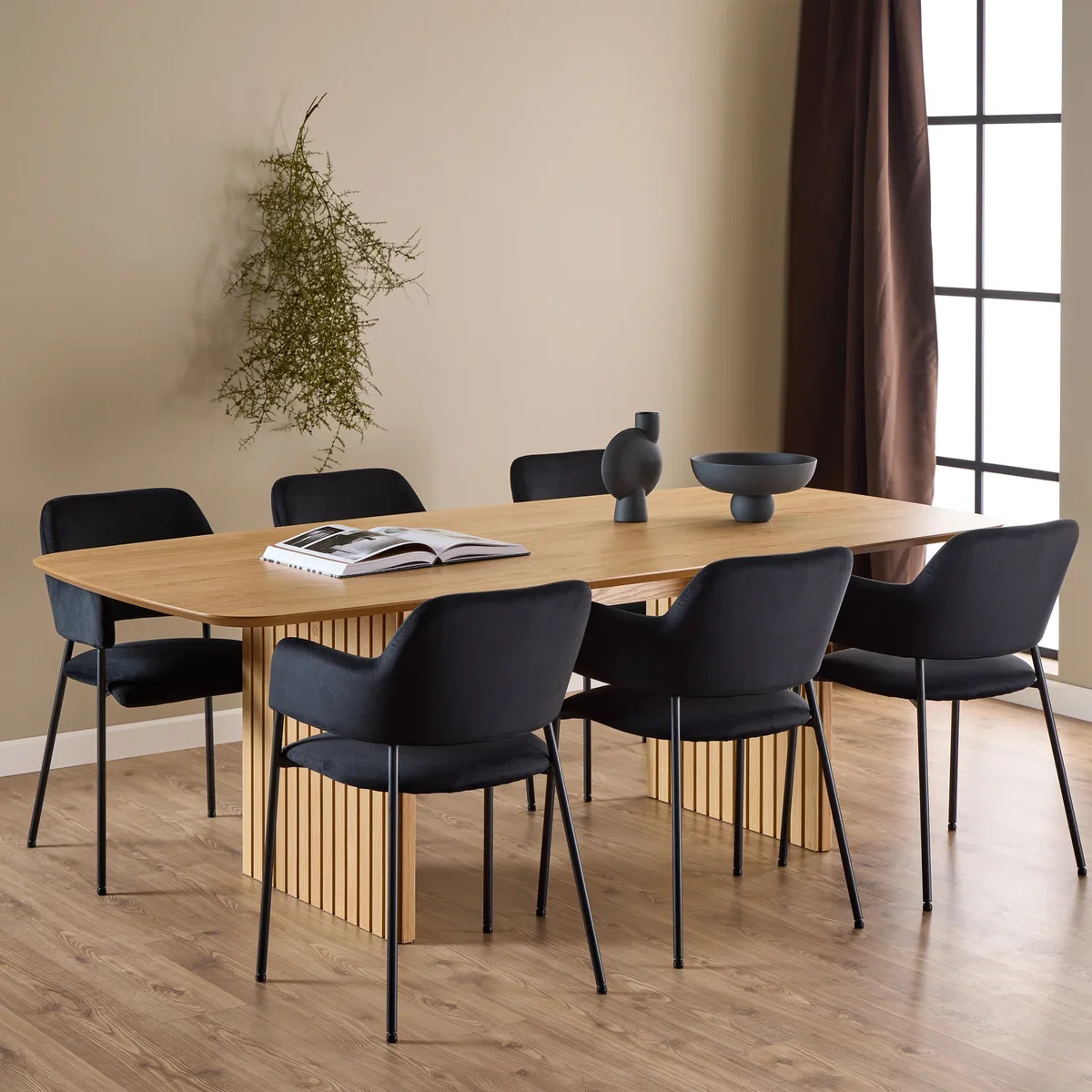 Christo Dining Table in Oak 220x105cm including 6 Lima Dining Chairs with Armrest in Black - Oak – image 1