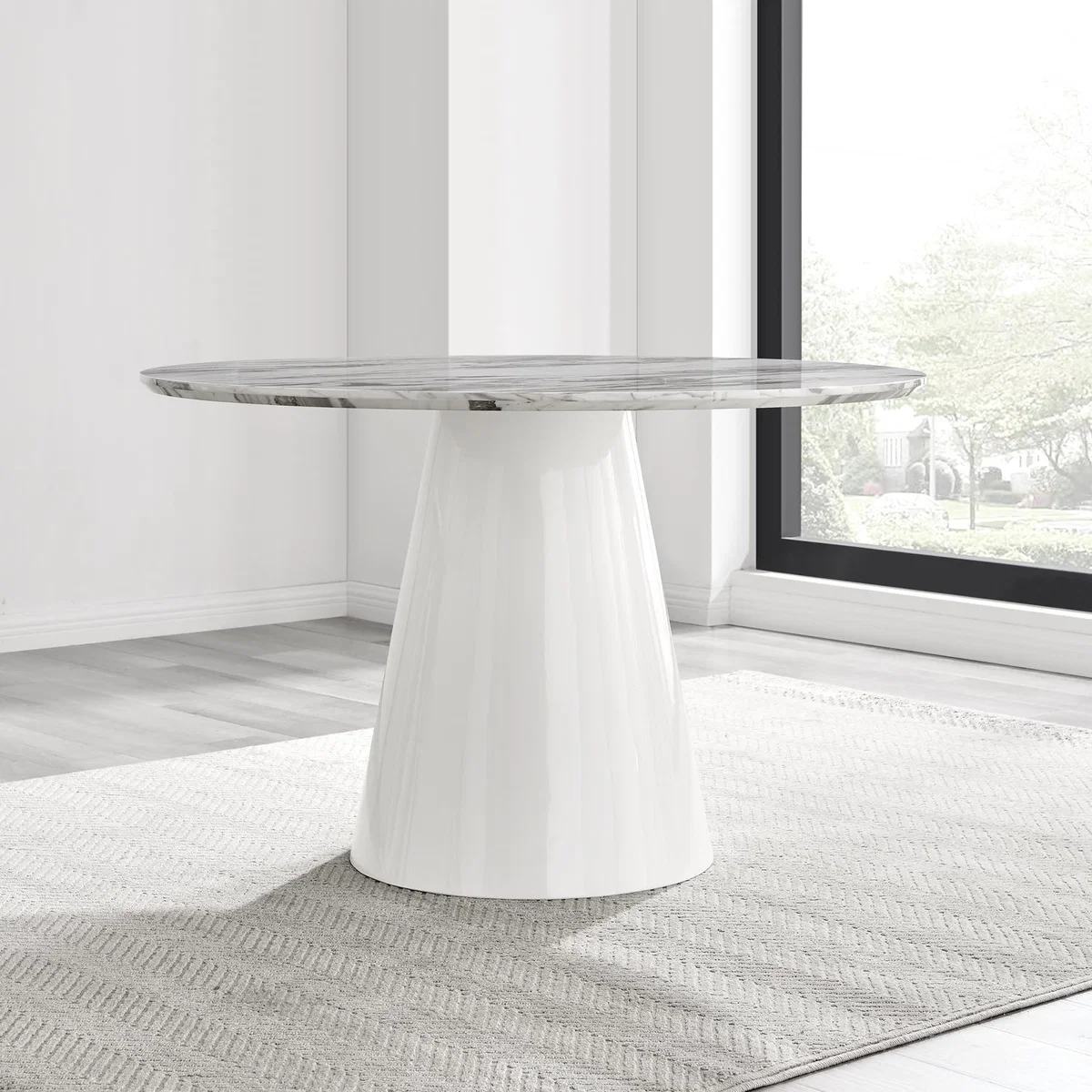Palma White Marble Effect Round Dining Table Pesaro Black Leg Chairs - Mustard / Dining Table & 4 Chairs – image 7