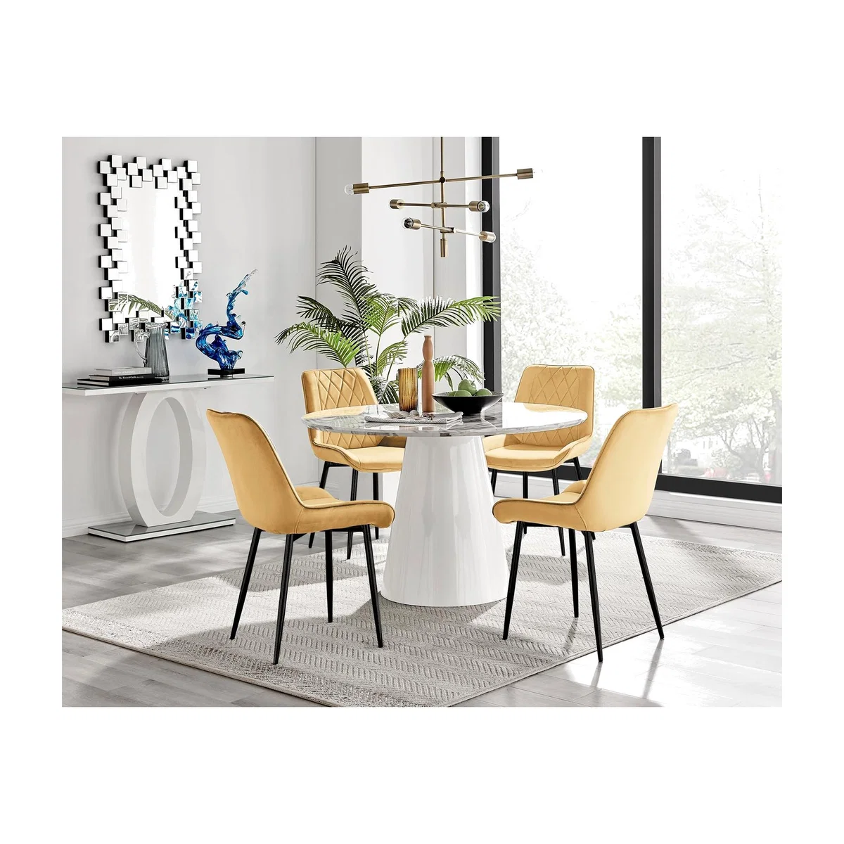 Palma White Marble Effect Round Dining Table Pesaro Black Leg Chairs - Mustard / Dining Table & 4 Chairs – image 1