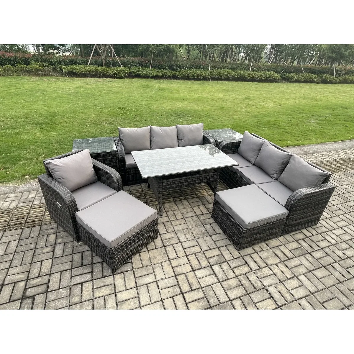Fimous 9-Seater Rattan Dining Set with 2 Side Tables & Footstools - Dark Grey – image 3