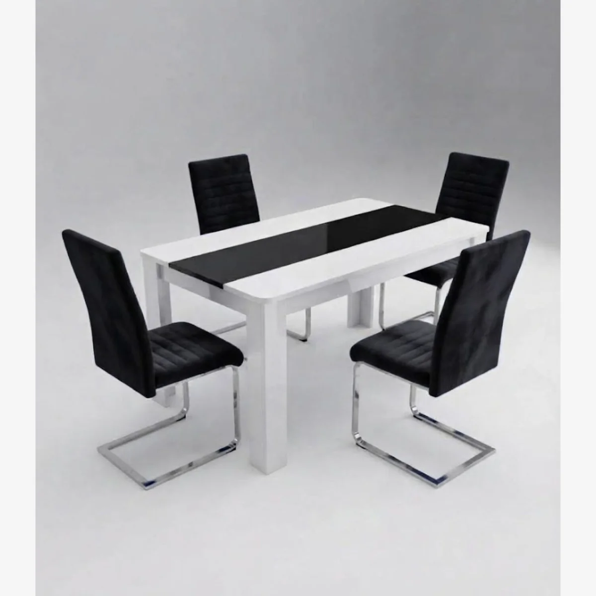 White and Black Dining Table and 4 Black High Back Velvet Chairs with Chrome Legs 4 Seater Set - Black – image 1