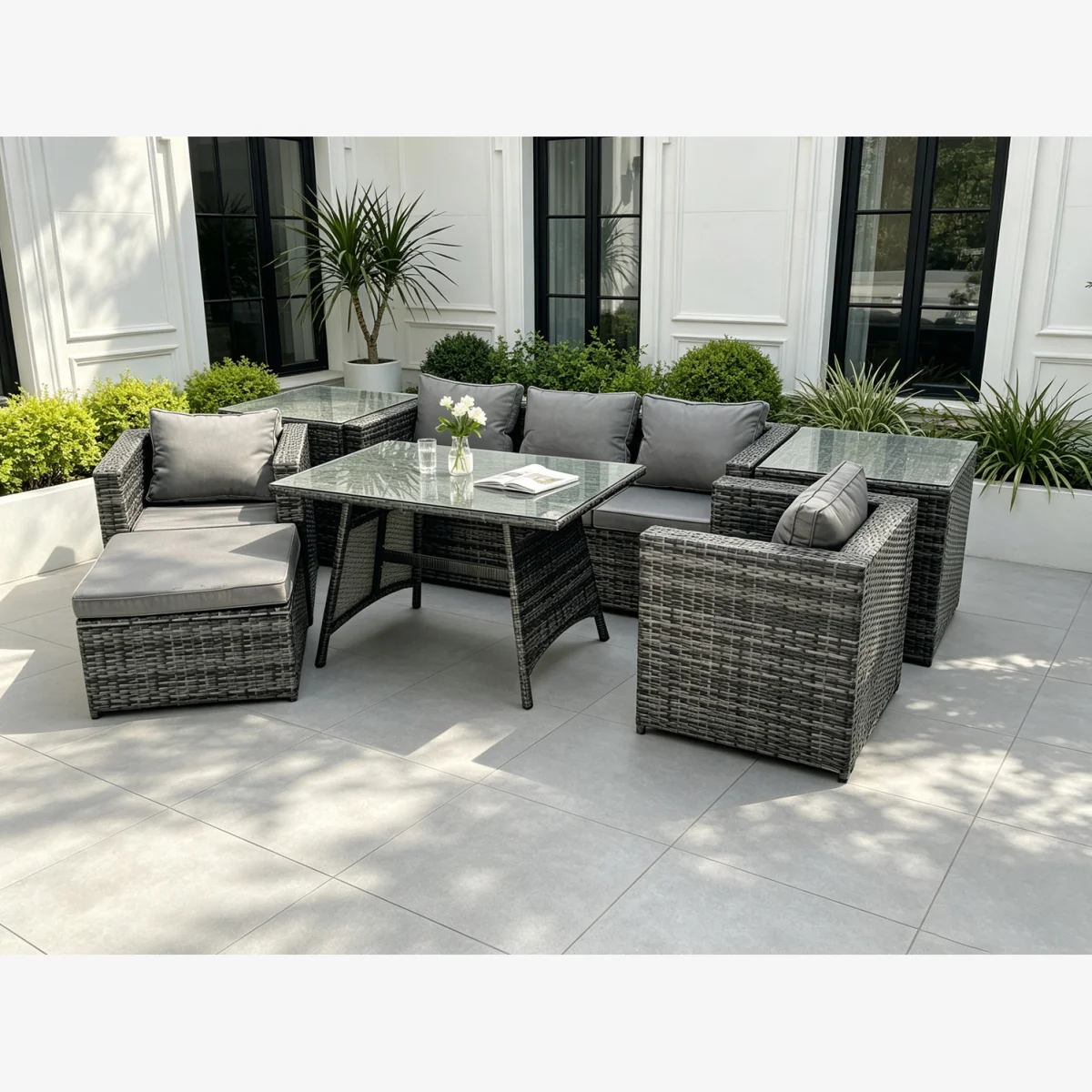 Fimous 6-Seater Rattan Dining Set with Table, Side Tables, Footstool - Dark Grey – image 1