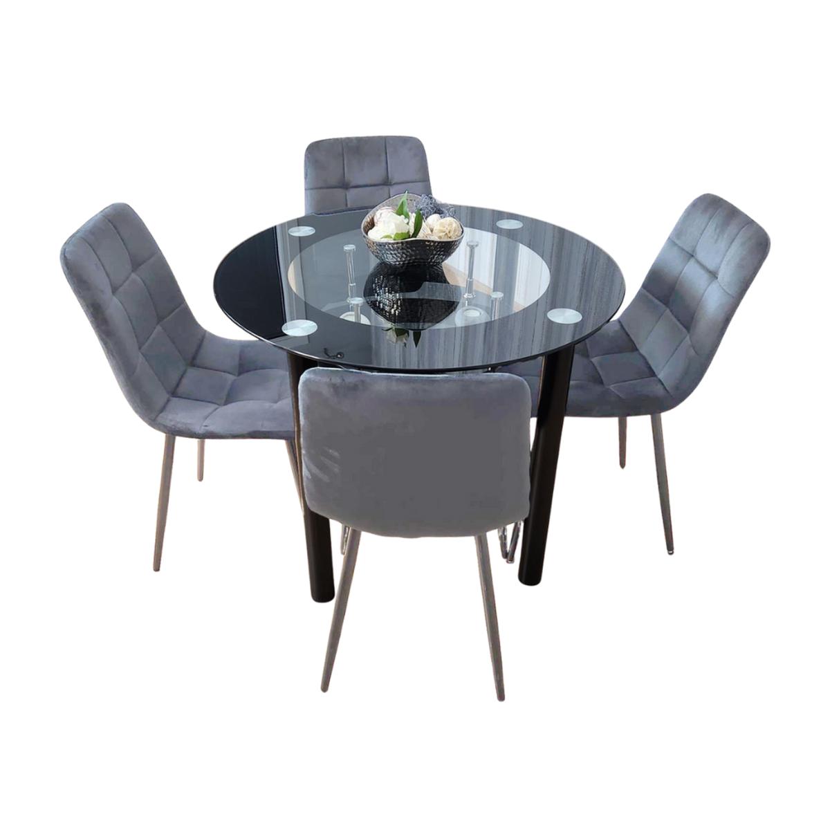 Dining Table Round Glass and 4 Grey Velvet Chairs - Grey