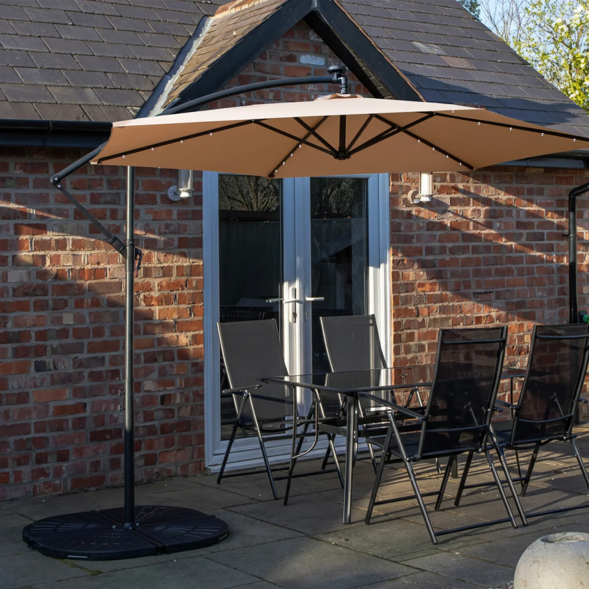 4 Person Dining Set. Rectangular Glass Top table With Banana Lit Parasol and Base - Beige - Black – image 1