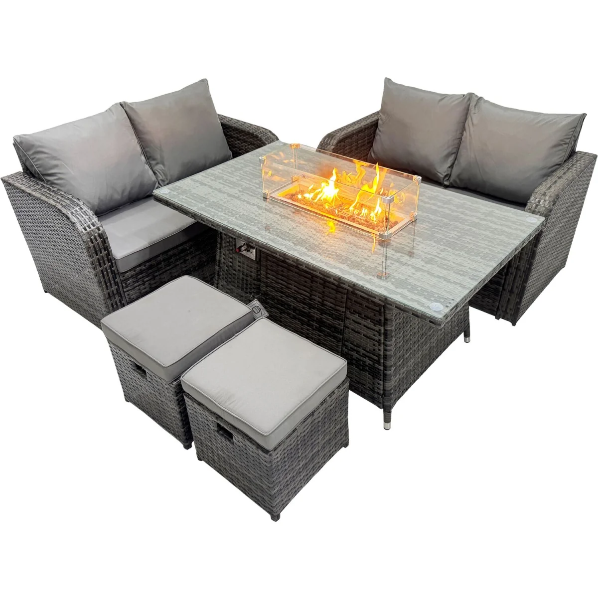 Fimous 6-seater Patio Rattan Dining Set with Gas Fire Pit and 2 Small Stools, Dark Grey Mixed. - Dark Grey Mixed – image 3