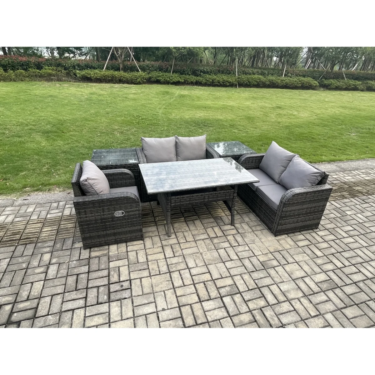 Fimous 5-Seat Reclining Rattan Dining Set with 2 Side Tables, Dark Grey Mixed - Dark Grey Mixed – image 4
