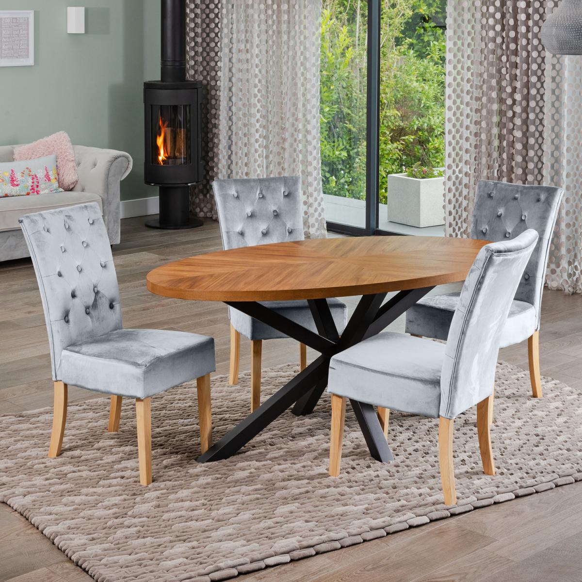 Dossena Oval Dining Table Set with 4 Pienza Velvet Chairs - Light Grey
