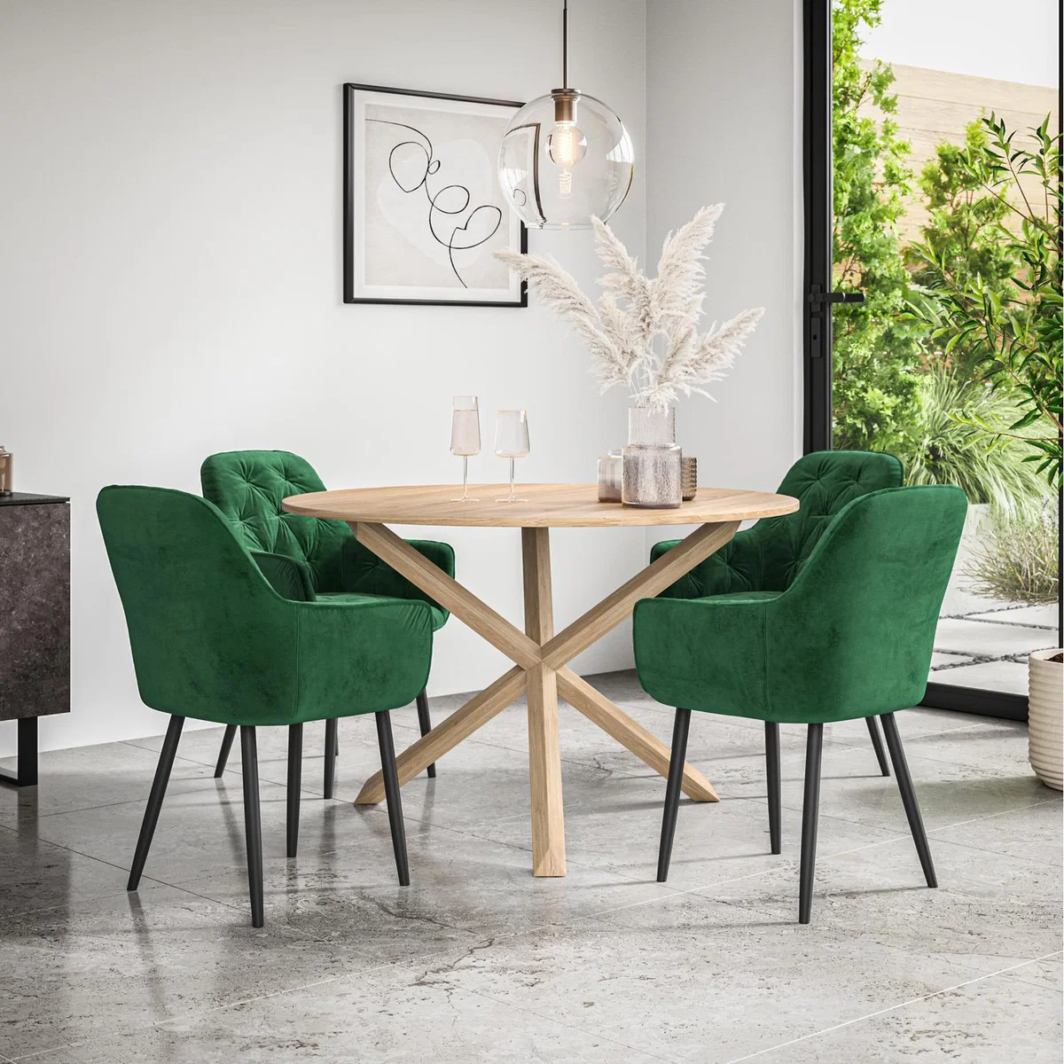 Malvern Round Oak Effect Dining Table Set Black Oak Legs w 4 Anika Velvet Chair - Green