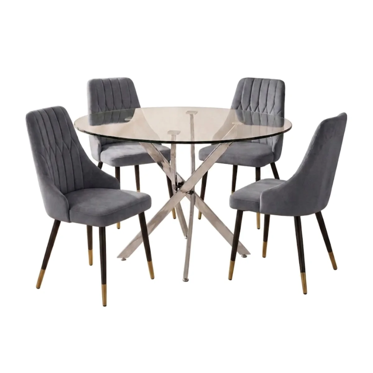 Kitchen Dining Set with Round Glass Table and 4 Grey High Back Velvet Chairs with Gold Tip Legs - Grey – image 1