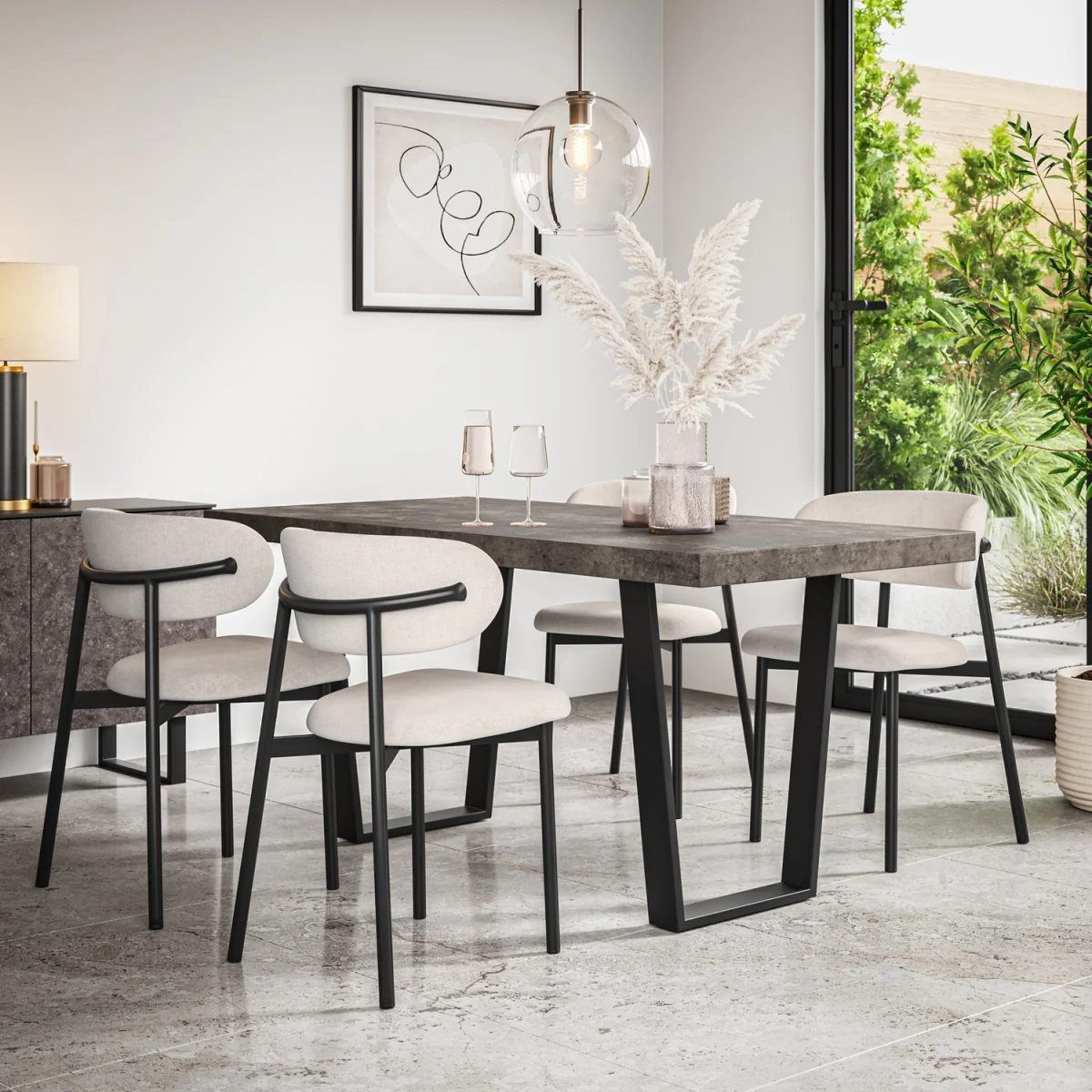 Aria Concrete Effect Top Rectangle Dining Table And 6 Myla Linen Chairs - Beige – image 1